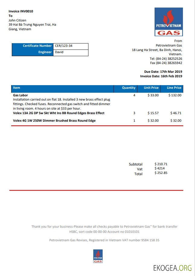 Vietnam Petrovietnam Gas utility bill template in Word and PDF format